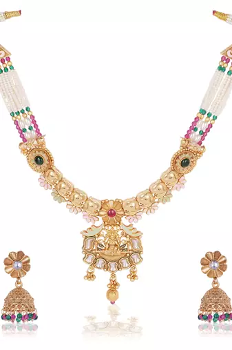   Gold plated traditional temple necklace jewellery with earrings set for wo ::Girls 