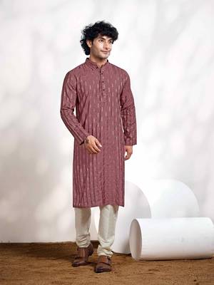 Vardha men's viscose woven jacquard stitched kurta, pink linear striped & diamond jacquard kurtas for men 1