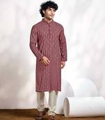 Vardha men's viscose woven jacquard stitched kurta, pink linear striped & diamond jacquard kurtas for men