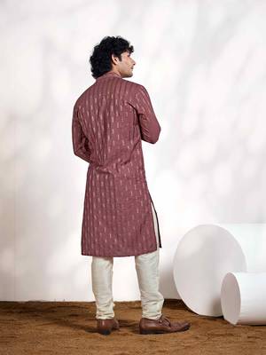 Vardha men's viscose woven jacquard stitched kurta, pink linear striped & diamond jacquard kurtas for men 4