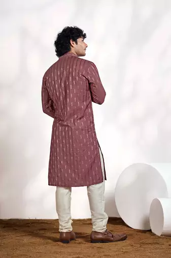 Vardha men's viscose woven jacquard stitched kurta, pink linear striped & diamond jacquard kurtas for men