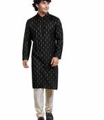 Vardha men's viscose woven jacquard stitched kurta, black linear striped & diamond jacquard kurtas for men