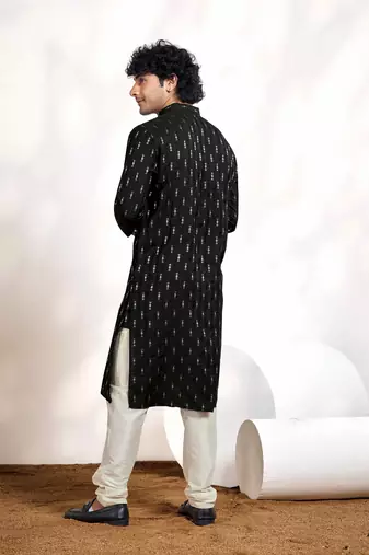 Vardha men's viscose woven jacquard stitched kurta, black linear striped & diamond jacquard kurtas for men