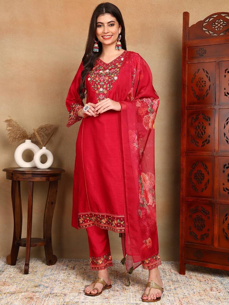 Pink embroidered silk blend stitched readymade suit