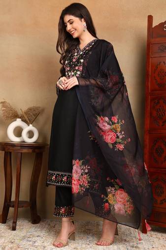 Black embroidered silk blend stitched readymade suit