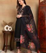 Black embroidered silk blend stitched readymade suit