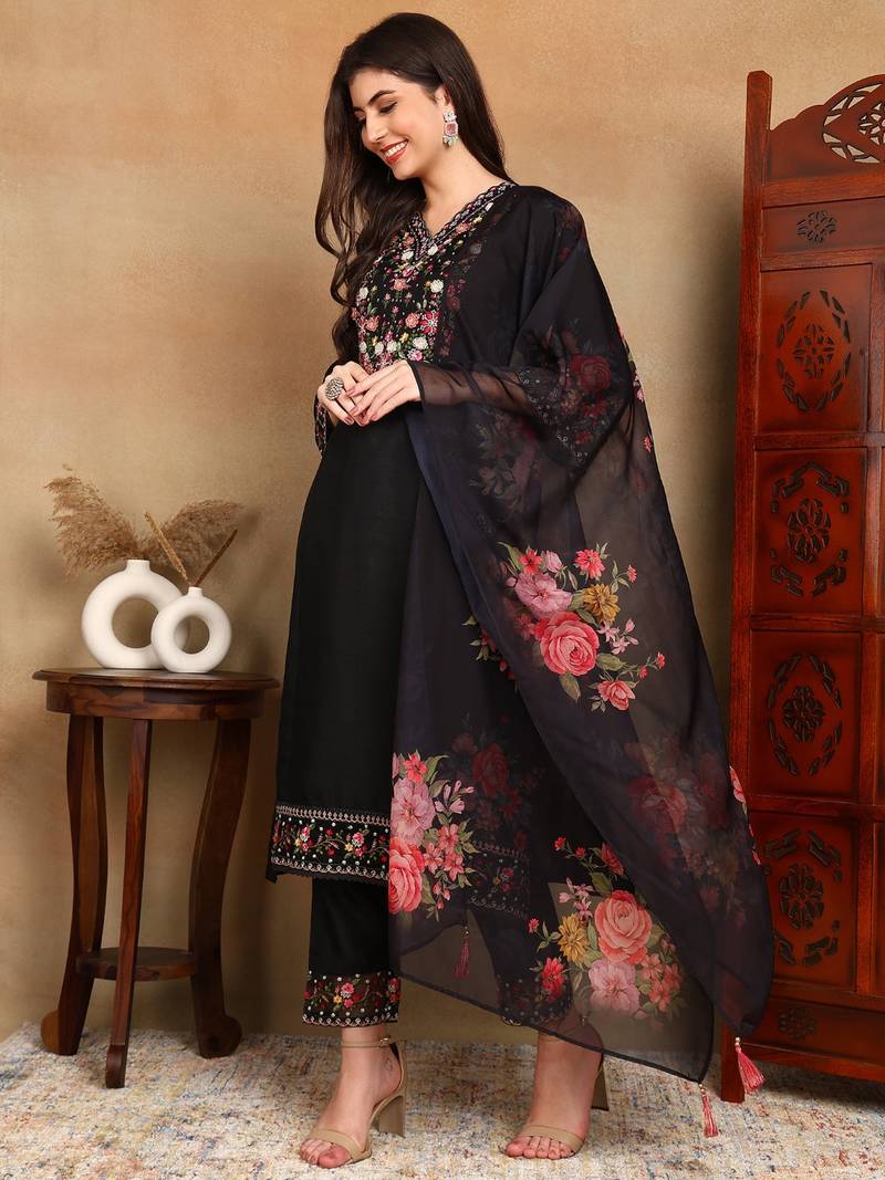 Black embroidered silk blend stitched readymade suit