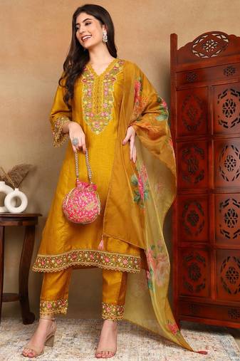 Mustard embroidered silk blend stitched readymade suit