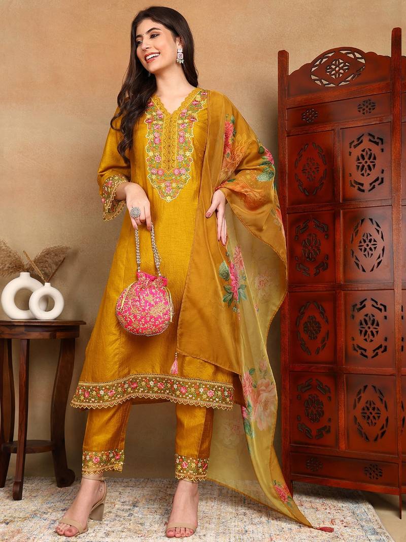Mustard embroidered silk blend stitched readymade suit