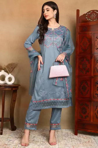 Blue embroidered silk blend stitched readymade suit