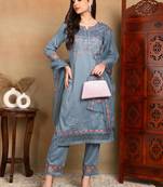 Blue embroidered silk blend stitched readymade suit