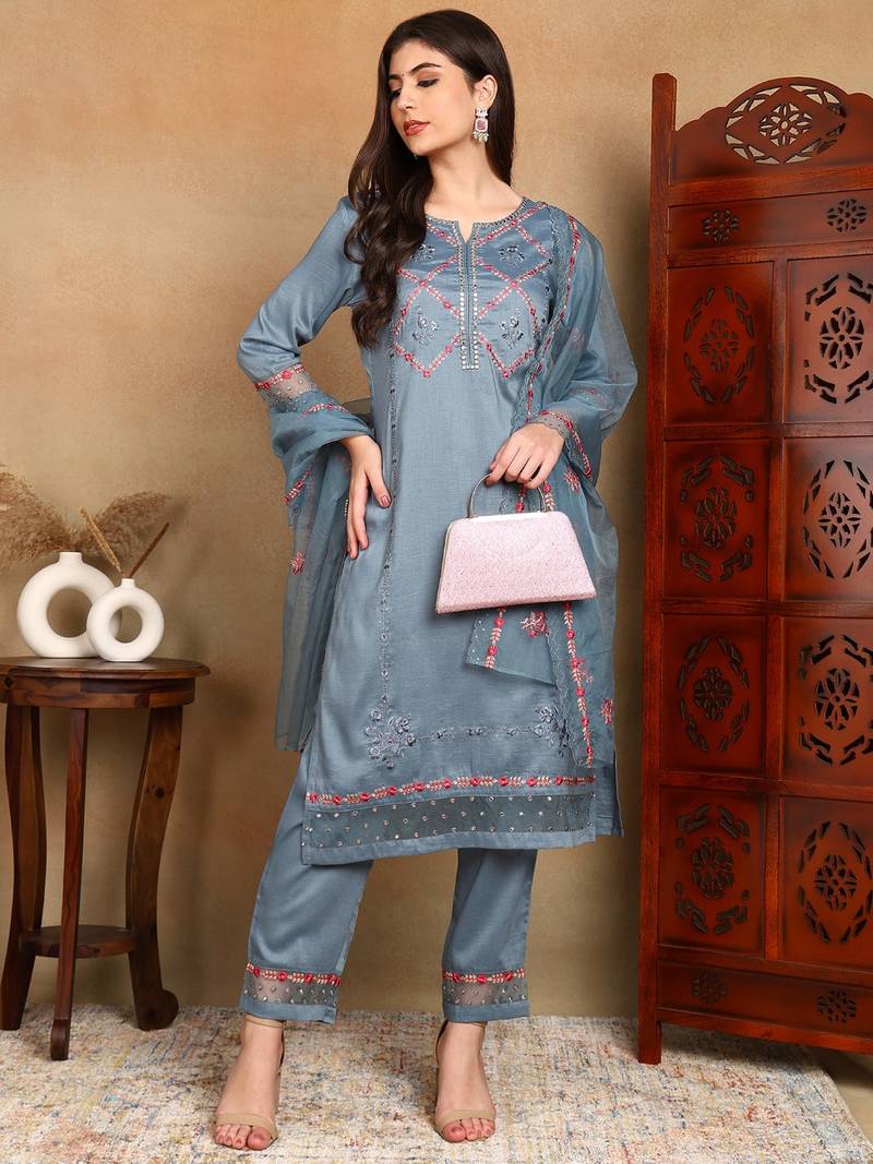 Blue embroidered silk blend stitched readymade suit