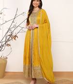 Mustard embroidered silk blend stitched readymade suit