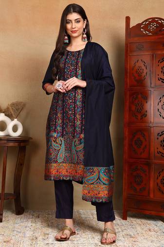 Navy blue woven silk blend stitched readymade suit