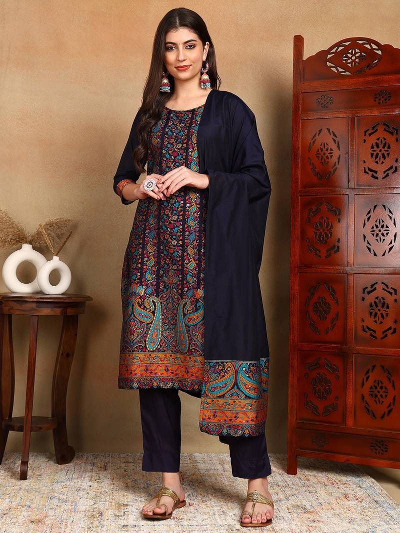Navy blue woven silk blend stitched readymade suit