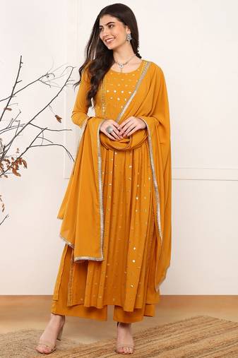 Mustard embroidered georgette stitched readymade suit