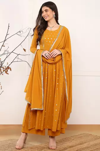 Mustard embroidered georgette stitched readymade suit