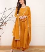 Mustard embroidered georgette stitched readymade suit
