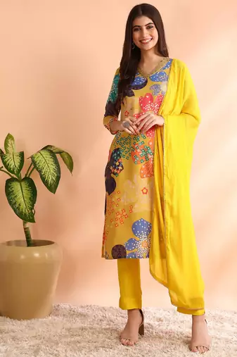 Yellow printed blended cotton stitched readymade suit