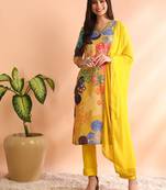 Yellow printed blended cotton stitched readymade suit