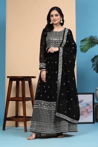  Georgette Embroidery Sequence Work Salwar Suit Set Anarkali Kurta Pant with Dupatta