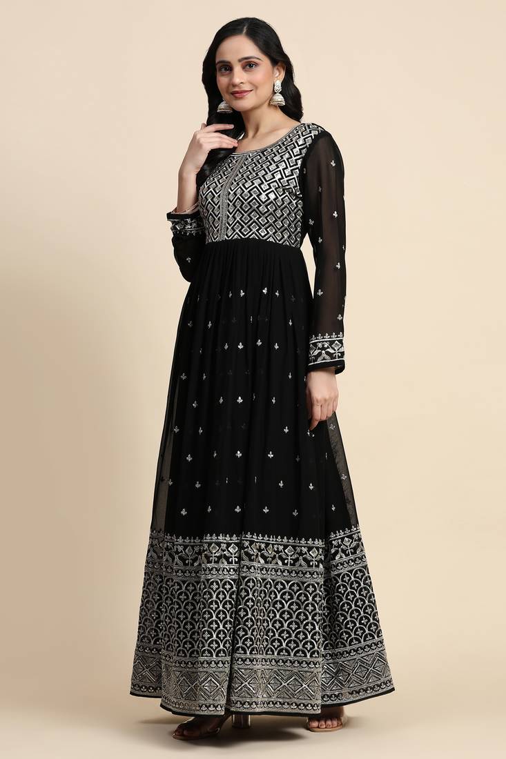  Georgette Embroidery Sequence Work Salwar Suit Set Anarkali Kurta Pant with Dupatta