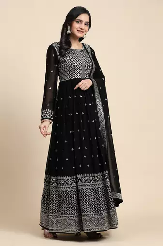 Trendmalls  Georgette Embroidery Sequence Work Salwar Suit Set Anarkali Kurta Pant with Dupatta