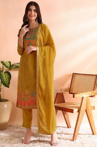 Mustard woven silk blend stitched readymade suit