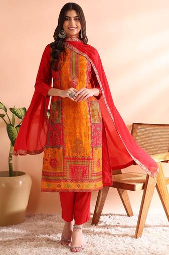 Red printed chanderi silk stitched readymade suit