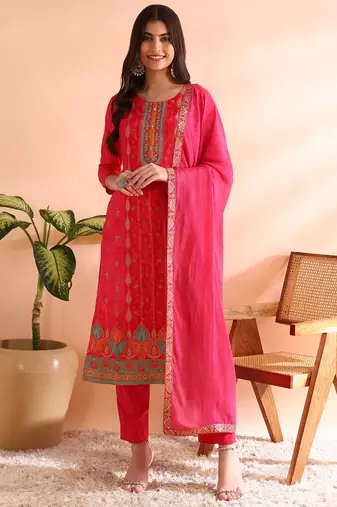 Pink printed chanderi silk stitched readymade suit