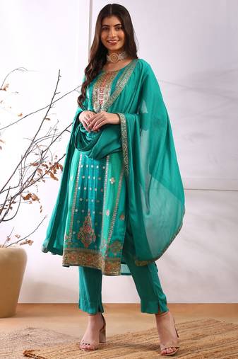 Teal woven organza stitched readymade suit