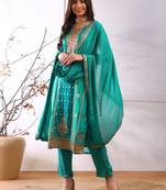 Teal woven organza stitched readymade suit