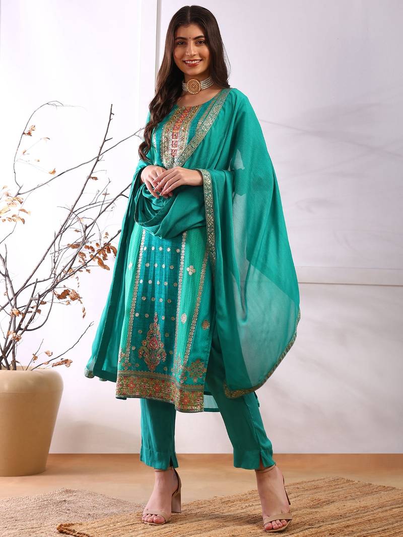 Teal woven organza stitched readymade suit