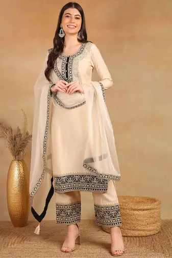 Cream embroidered silk blend stitched readymade suit