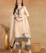 Cream embroidered silk blend stitched readymade suit