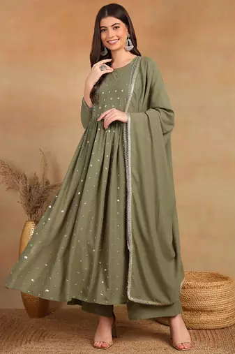 Olive embroidered georgette stitched readymade suit