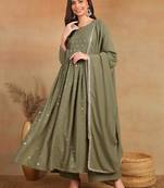 Olive embroidered georgette stitched readymade suit