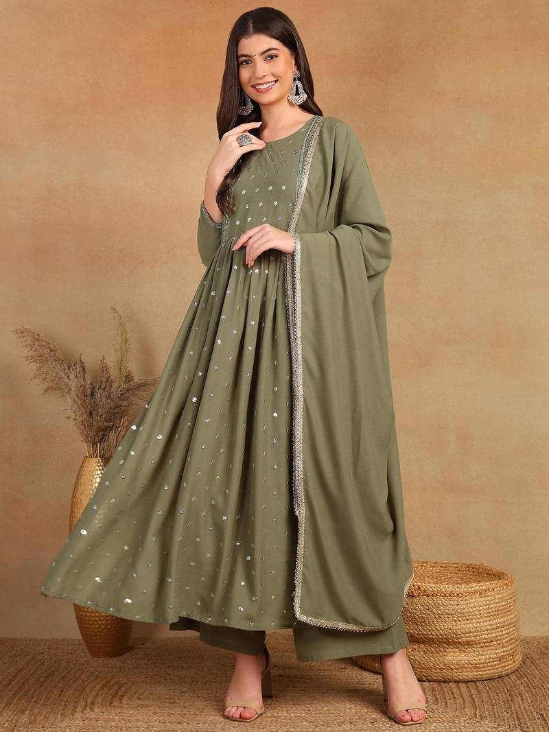 Olive embroidered georgette stitched readymade suit