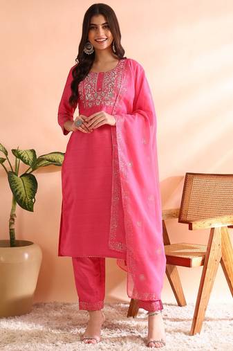 Pink embroidered silk blend stitched readymade suit