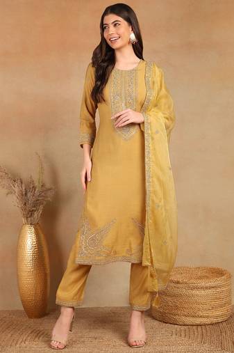 Gold embroidered silk blend stitched readymade suit