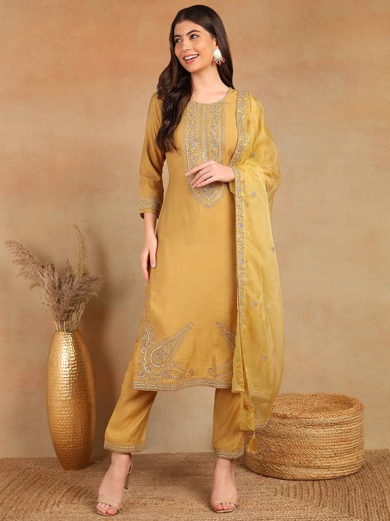 Gold embroidered silk blend stitched readymade suit