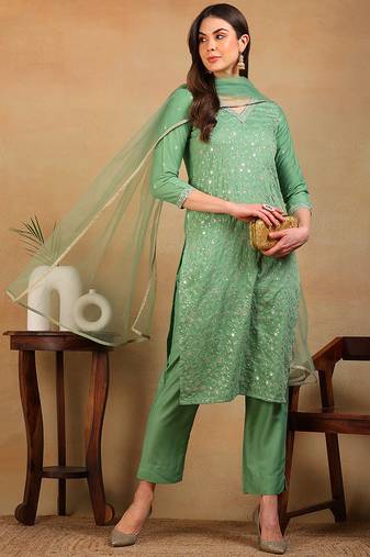 Green embroidered silk blend stitched readymade suit