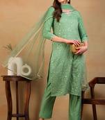 Green embroidered silk blend stitched readymade suit