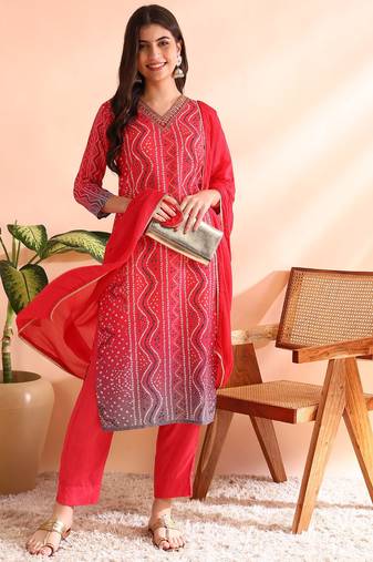 Red printed silk blend stitched readymade suit