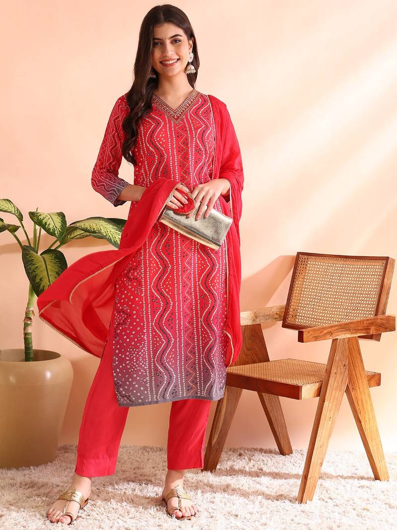 Red printed silk blend stitched readymade suit