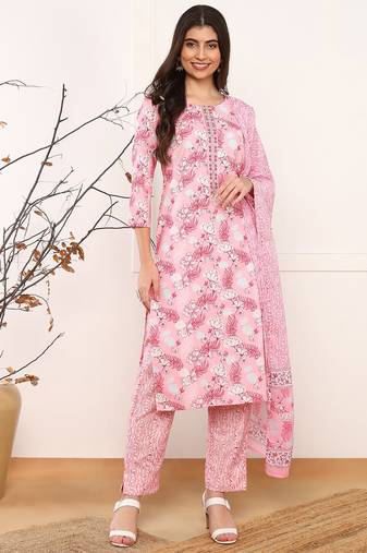 Pink printed rayon stitched readymade suit