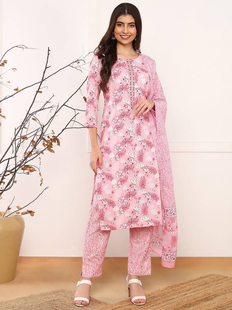 Pink printed rayon stitched readymade suit