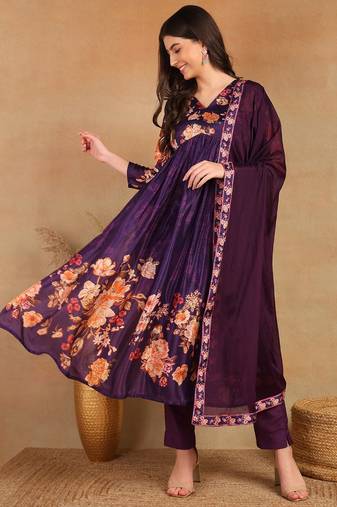 Purple printed silk blend stitched readymade suit