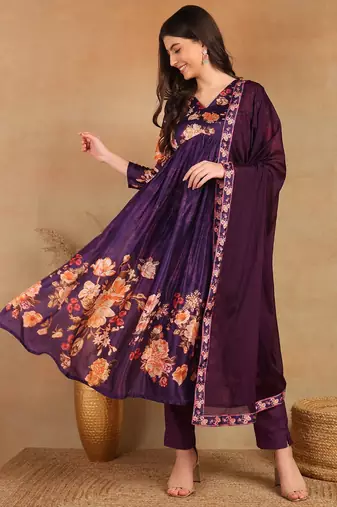 Purple printed silk blend stitched readymade suit