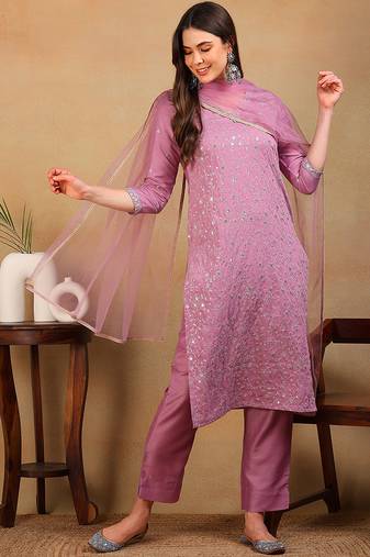 Lavender embroidered silk blend stitched readymade suit